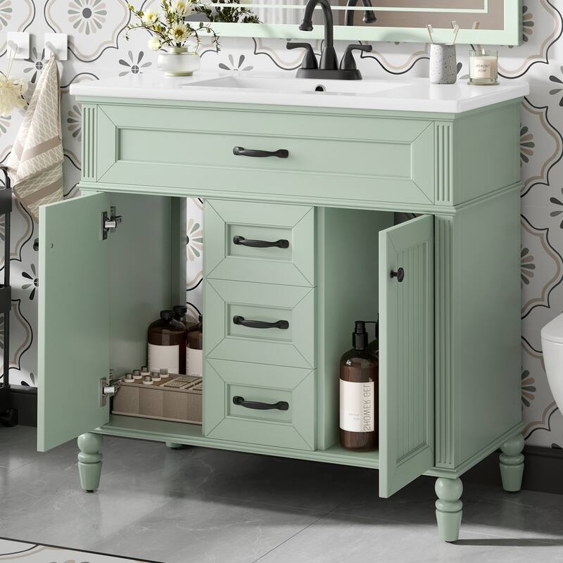 36 Inch Bathroom Vanity with Sink Combo,Freestanding Cabinet with Ceramic Basin, Flip-Out Top Drawer, Soft Close Doors