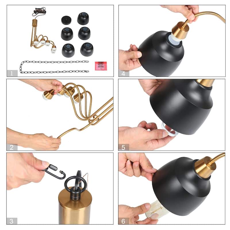 Mid-century Modern 5-Light Wheel Chandelier Black Gold Pendant for Dining Room Bedroom - Dia. 25.2" x H 22.4"