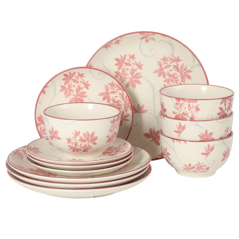 Gibson Home Admiral Hall 12-Piece Stoneware Durable Everyday Dinnerware Set- Plates & Bowls with Floral Pattern - Pink