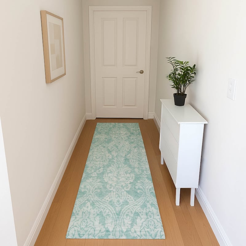 Premium Washable Super Soft Traditional Damask Mayfield Rug - Aqua - 2'3" x 7'6"