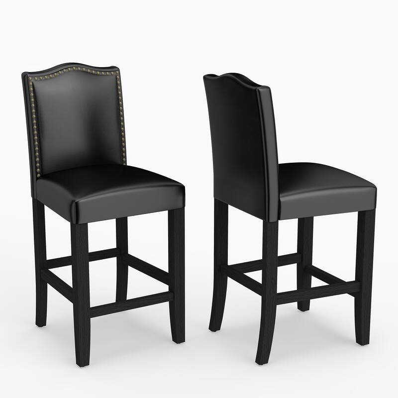 24 Inches Faux Leather Counter Height Bar Stools with Nailhead Trim - Black-2-piece
