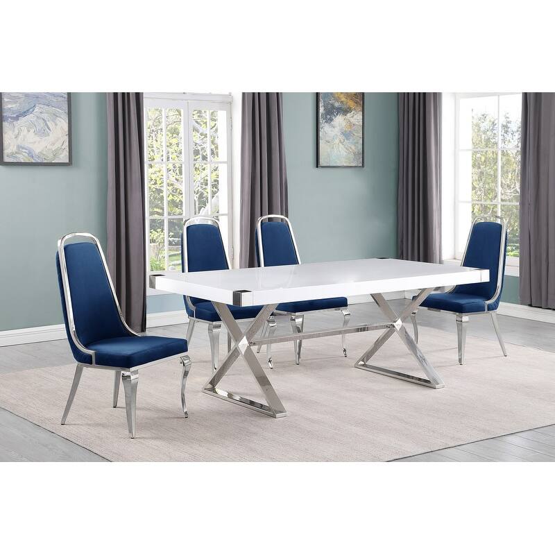 Best Quality Furniture D440/1-SC310-7 Dining Set with 78" White Lacquer Wood Top - 5-Piece - Navy Blue / Silver