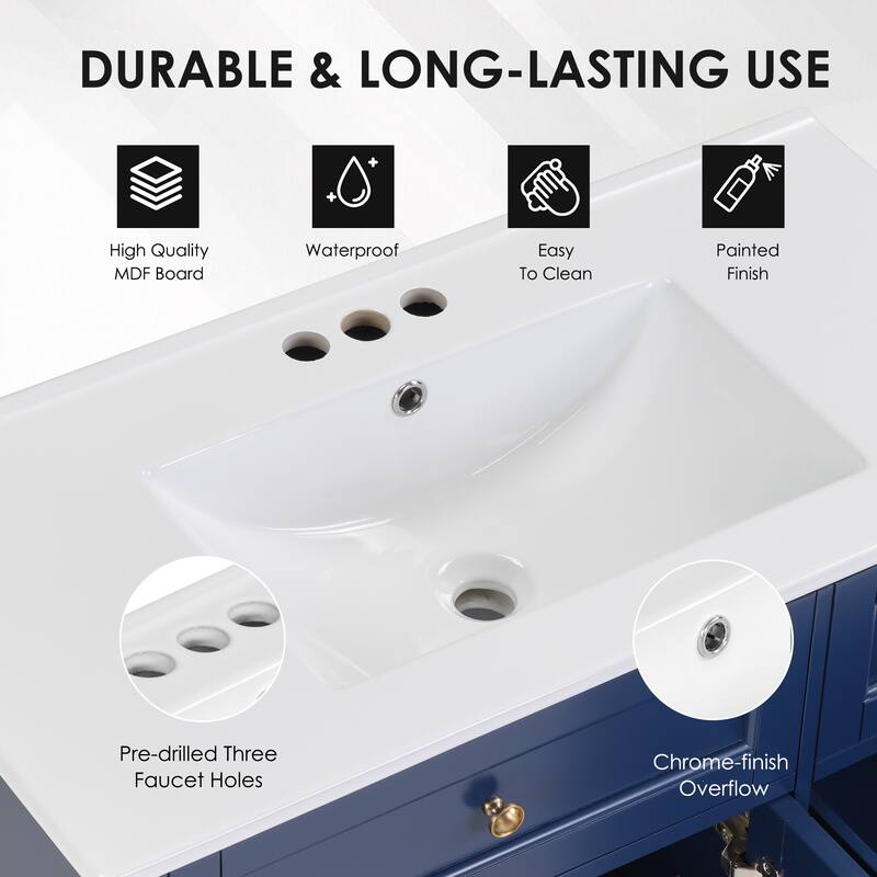 36" Blue Bathroom Vanity with Ceramic Sink - Soft-Close Drawers, Solid Wood Frame, Multi-Organizer Storage