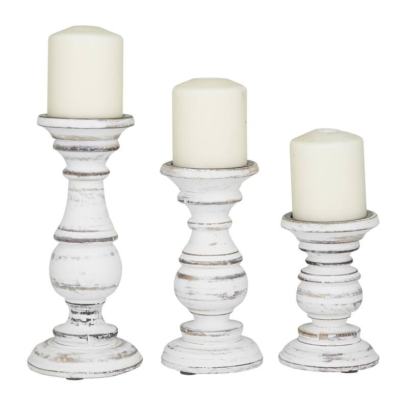 Mango Wood Distressed Turned Pillar Decorative Candle Holder - Set of 3 - Roche River Decor