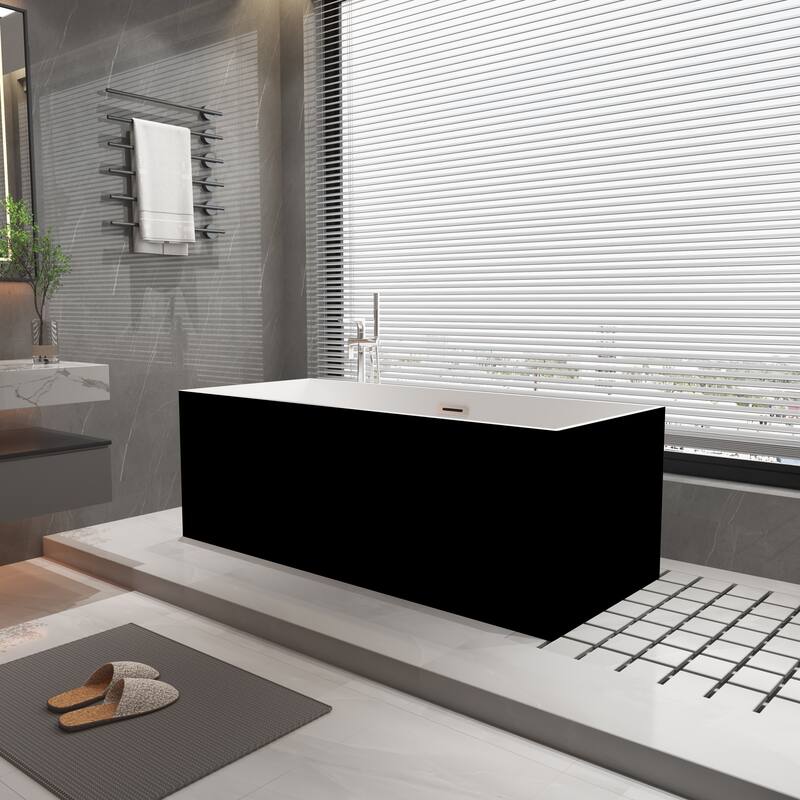 CB HOME 55"/59" White Freestanding Bathtub, Black Acrylic Soaking Tubs, Rectangular Stand Alone Tub in Three Sides Back to Wall