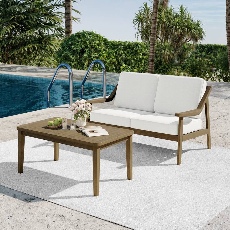 2-piece Brown/ Black Teak Cushioned Patio Loveseat Set with Coffee Table - BrownFrame-Beige