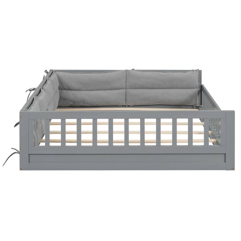 Wood Full Size Upholstered Platform Bed with Guardrail and Pillow