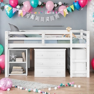 Modern Full Size Loft Bed With Cabinet,Shelves And Rolling Portable Desk