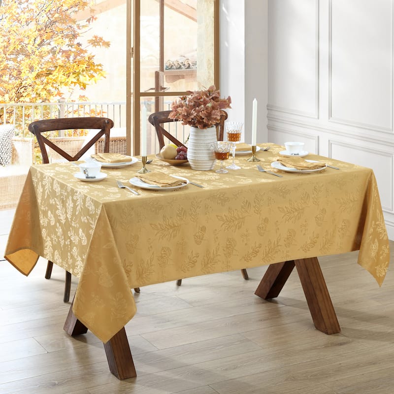 Elegant Woven Leaves Jacquard Damask Tablecloth - 60"x84" Rectangle - Gold