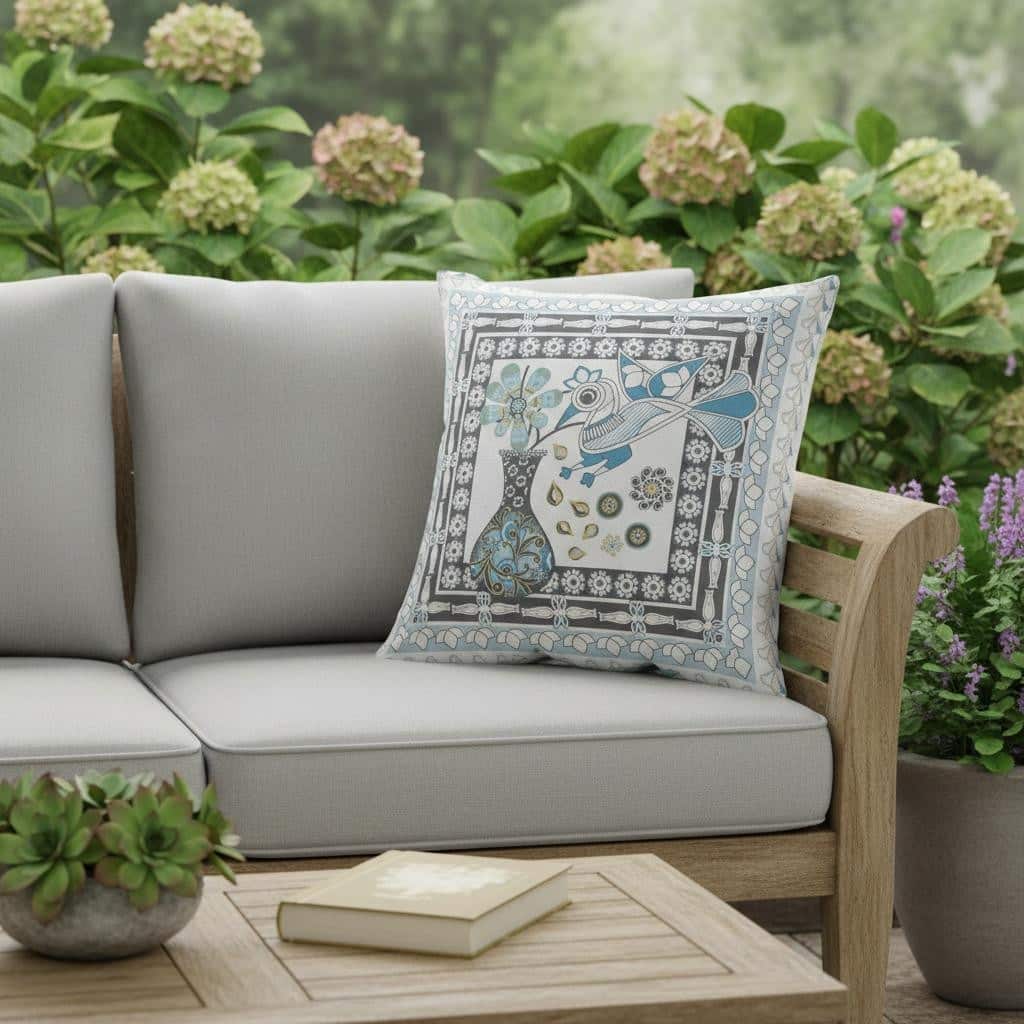 HomeRoots 16" x 16" Blue and White Bird Blown Seam Abstract Indoor Outdoor Throw Pillow - 16.00' X '5.00' X '16.00