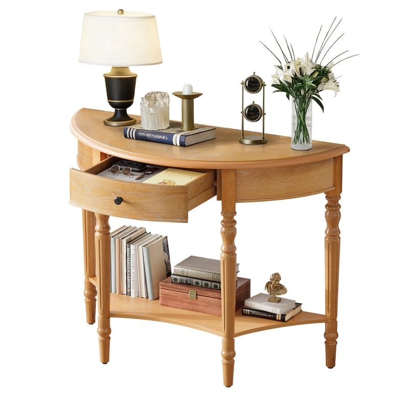Farmhouse Half Moon Console Table with Drawer and Shelf for Entryway and Living Room Decor