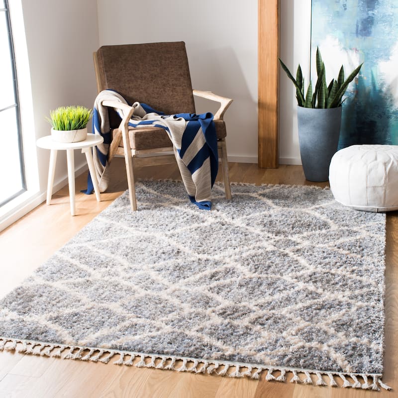 SAFAVIEH Berber Fringe Lozenka Mercedes Trellis Rug - 5'3" x 7'6" - Grey/Cream