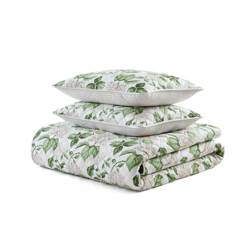 Martha Stewart Hydrangea Floral Beige Cotton Reversible Quilt Set