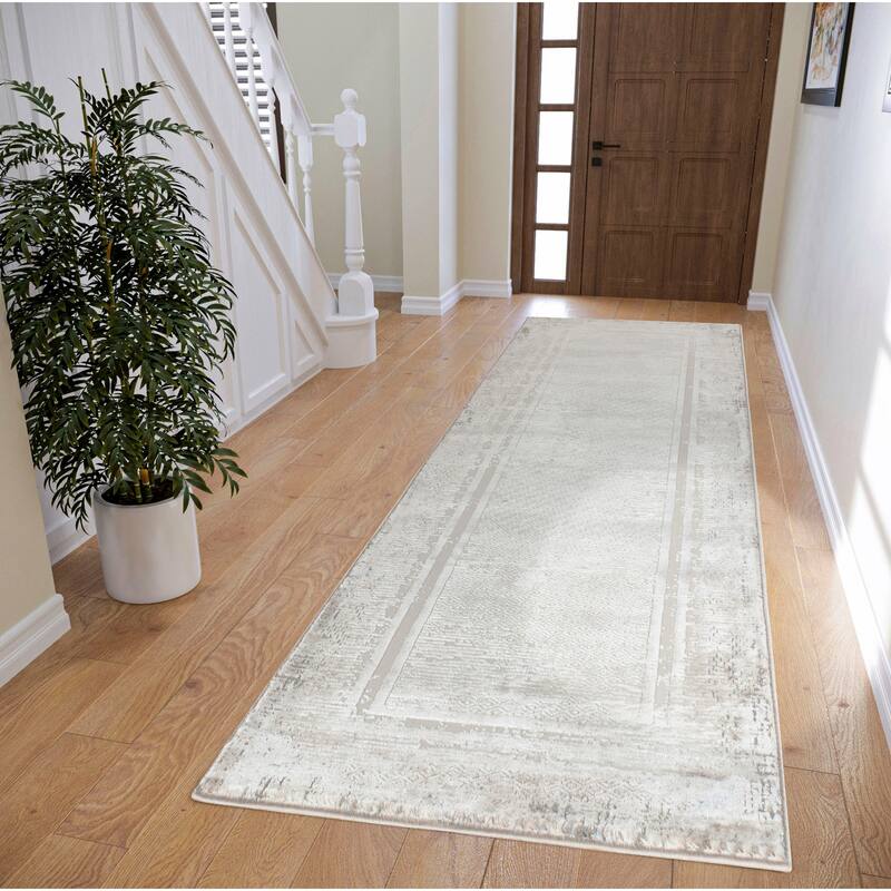 Omari Collection Cream/Blue Abstract Traditional Area Rug - 2'6" X 8' Runner