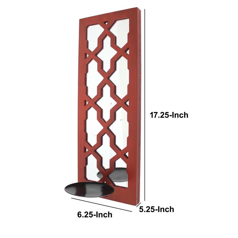 Quatrefoil Pattern Wooden Candle holder Set of 2 with Mirror Insert, Red
