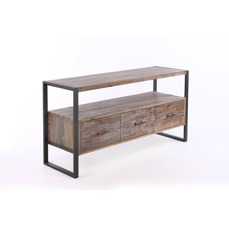 Modern Antique-Finish TV Stand Made from Recycled Wood TV Stand with 3 Drawers and Open Shelving, for Living Rooms