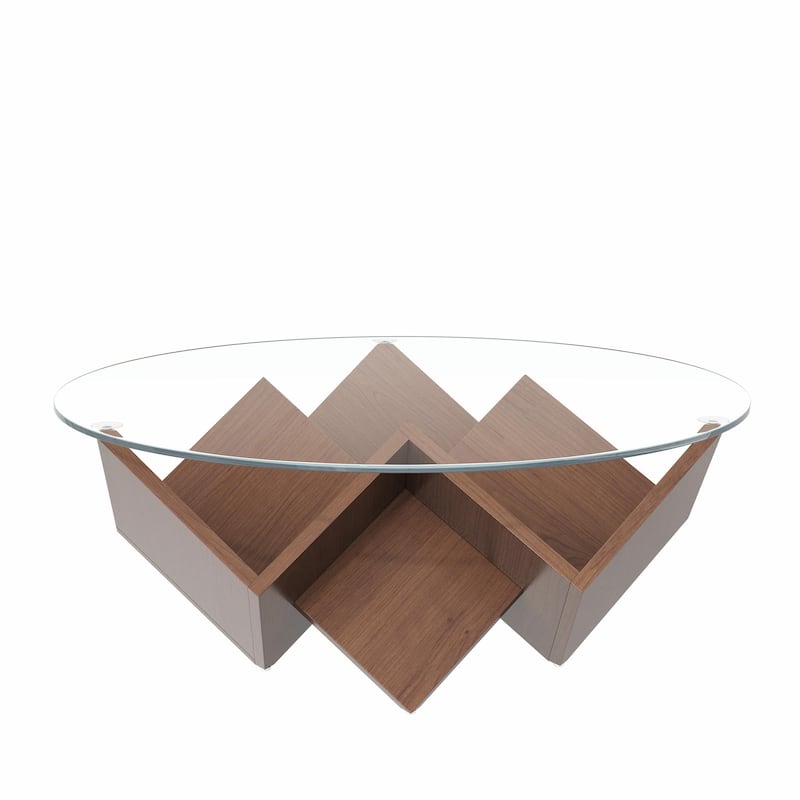 Round Coffee Table with Glass Top and Geometric Abstract Art Deco Base - Walnut, 35.4" with Storage Shelves
