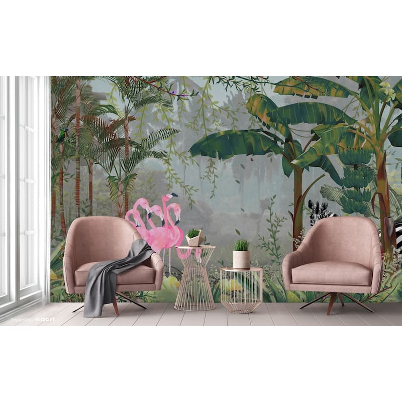 Exotic Tropical Jungle Wallpaper Mural Flamingos and Zebra