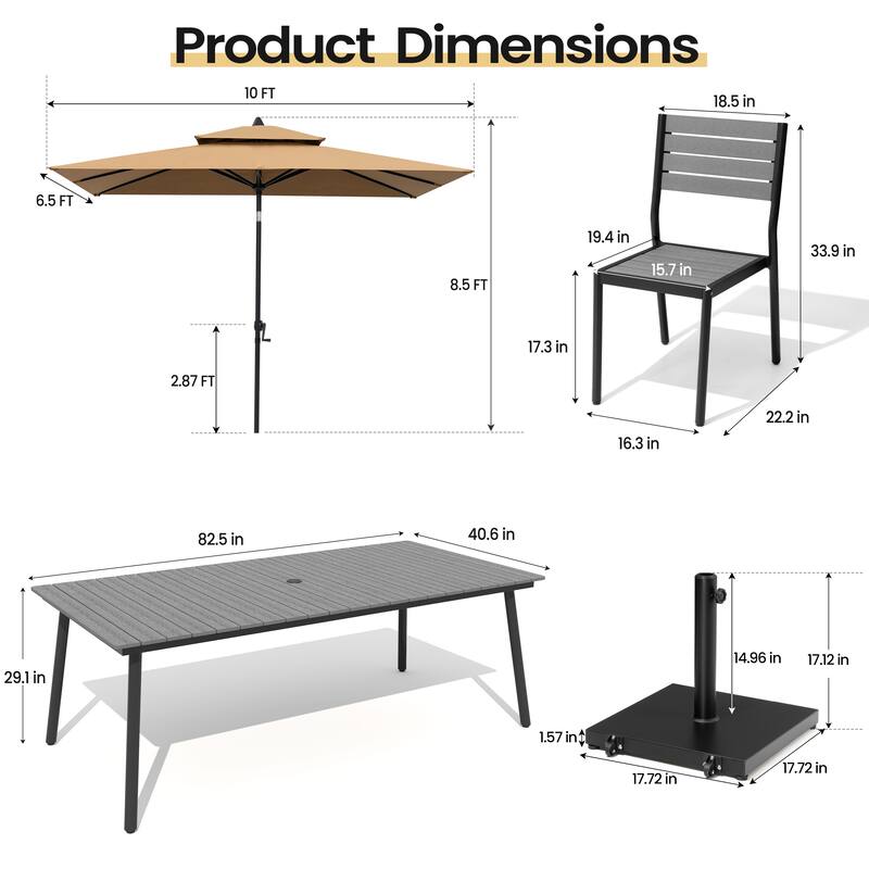 11PC Outdoor Patio Dining Set Wood-Like Aluminum Table with Stackable Chairs,Double Top Market Umbrella and Wheel Base