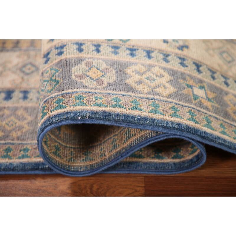 Blue Kazak Oriental Area Rug Hand-Knotted Wool Carpet - 3'11"x 6'4"