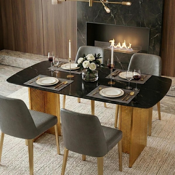 Modern Rectangular Tempered Glass Dining Table with Marble Pattern and ...