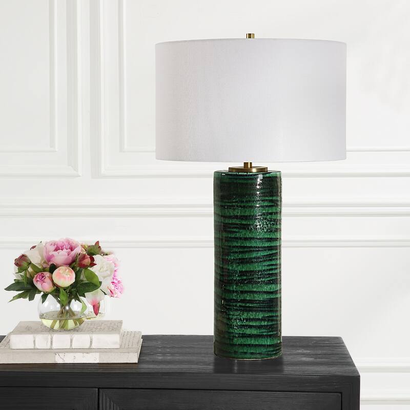 Cylindrical Striped Ceramic Table Lamp - 34" - Emerald Green