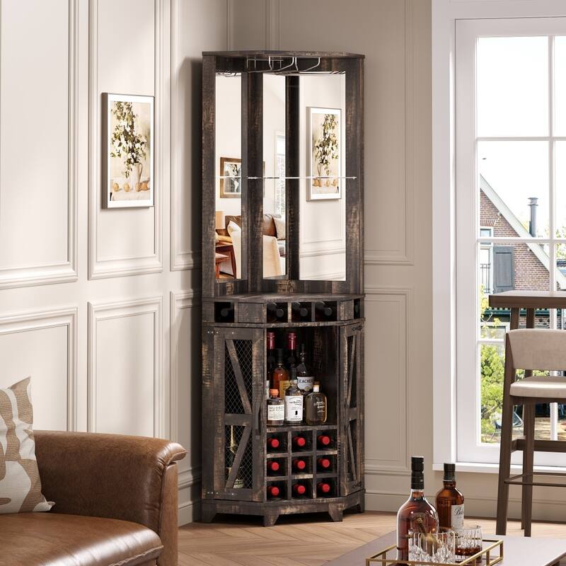 72" Tall Farmhouse Bar Storage Cabinet with Barn Door, Acrylic Mirror and Glass Rack