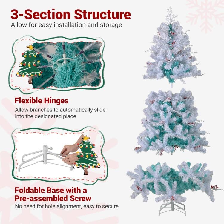 White-Lake Blue PVC PE Pre-Lit Christmas Tree with 250/350 LED Lights and Red Berries