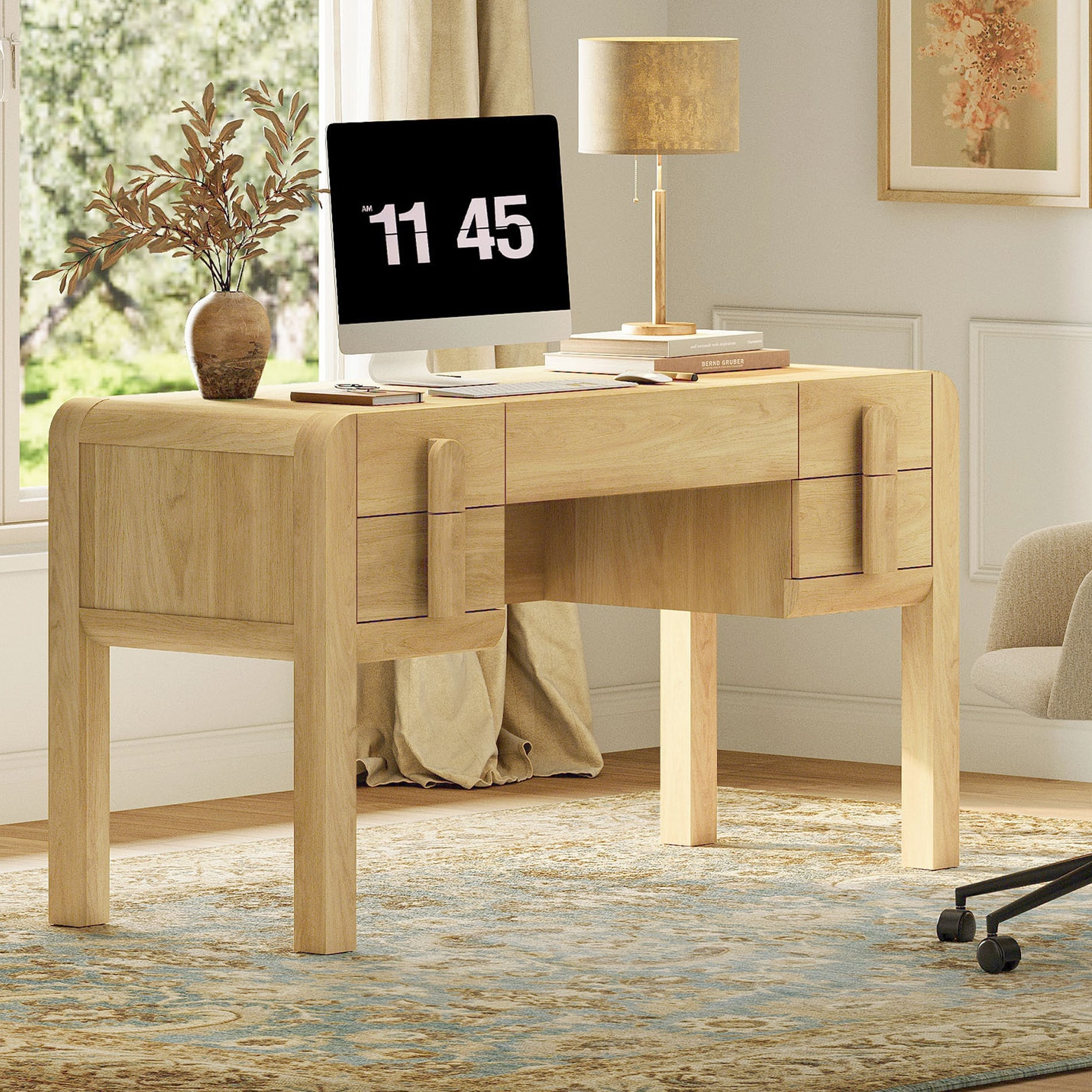 53.5"W Mid-century Modern Executive Desk with 5 Drawers , Home Office Desk With Charging Station