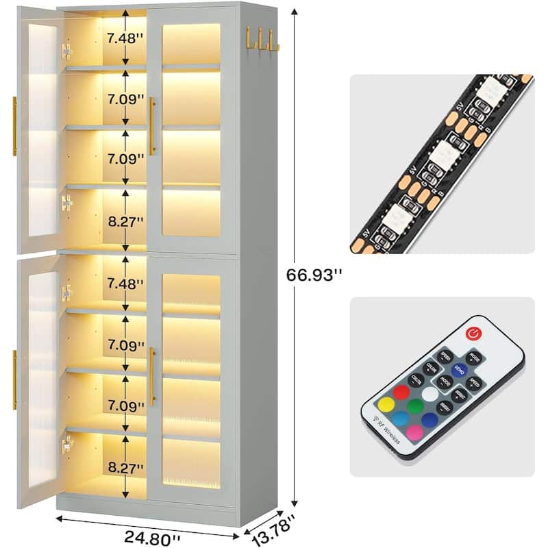 8-tier Modern Tall Bookcase Bookshelf with Doors and LED Light