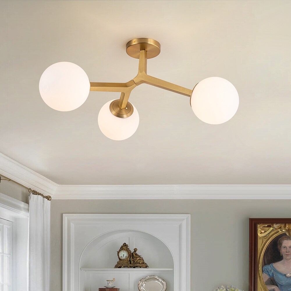 3 Light Glass Ceiling Light Fixture Gold Semi Flush Mount Ceiling