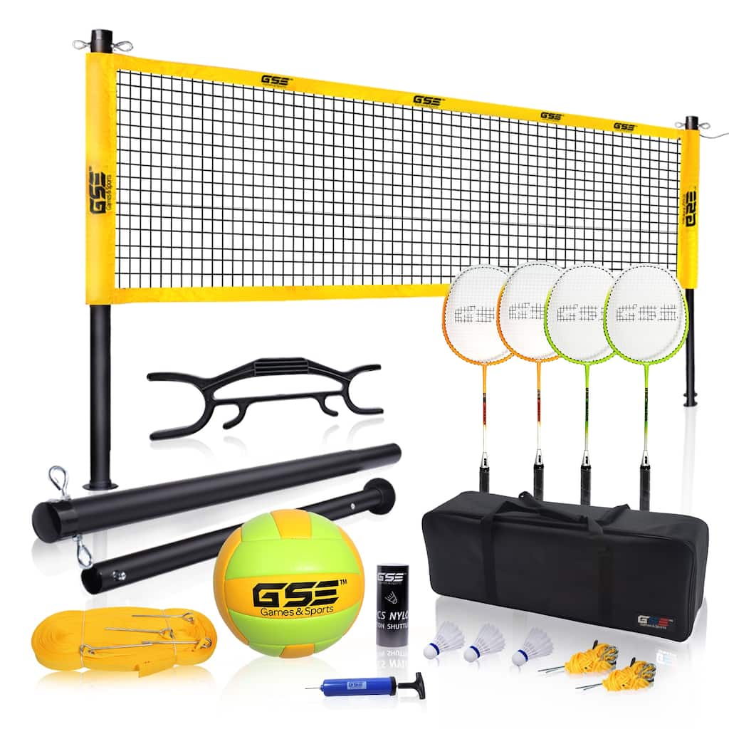 GSE Professional Outdoor Portable Badminton/Volleyball Combo Set with Net, 4 Rackets & 3 Shuttlecocks, Volleyball Ball & Pump