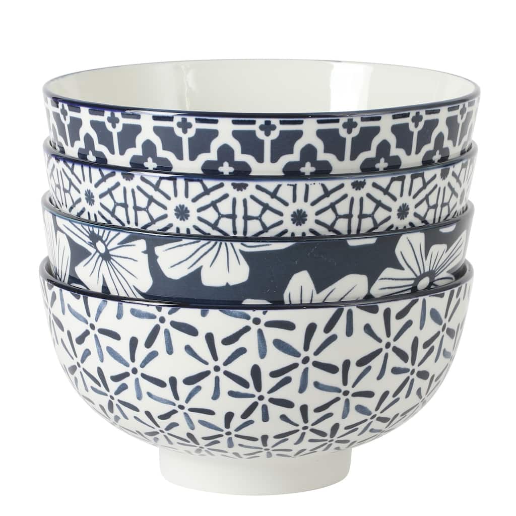 Gibson Home Castle Way 4-Piece Serving Bowl Set, 8 Inch Stoneware Bowls, Blue & White Assorted Pattern, Decorative Everyday Use