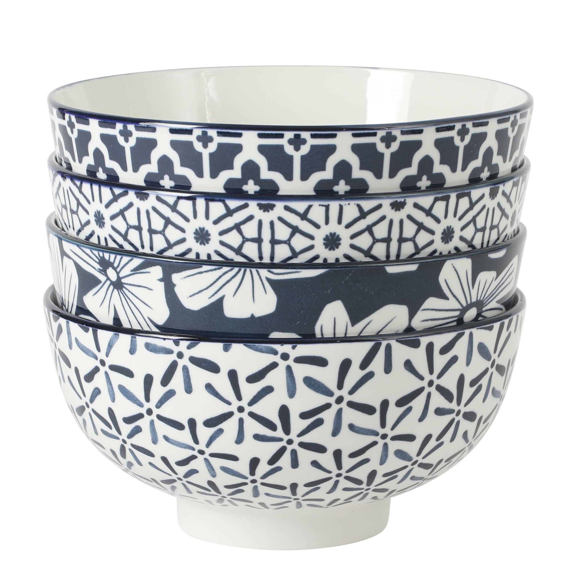 Gibson Home Castle Way 4-Piece Serving Bowl Set, 8 Inch Stoneware Bowls, Blue & White Assorted Pattern, Decorative Everyday Use