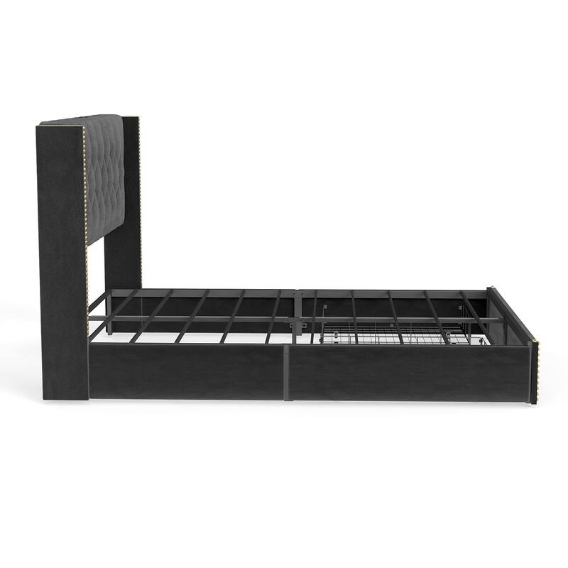 Wingback Bed Velvet Upholstered Platform Bed Frame with 2 Storage Drawers and Headboard, Charging Station, Noise-Free, Black