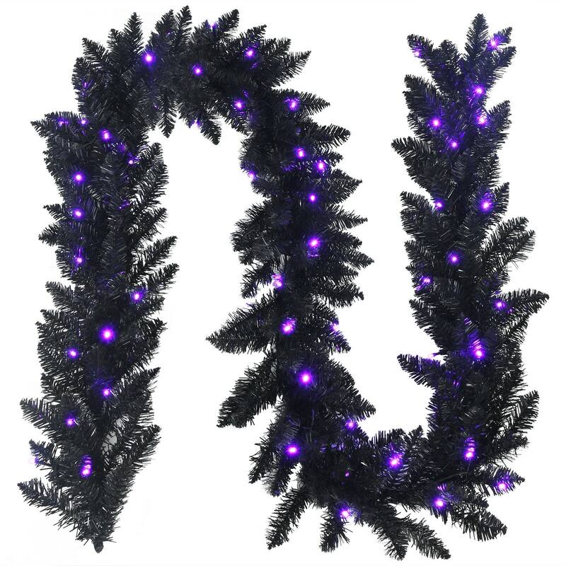 9 Feet Pre-lit Christmas Halloween Garland with 50 Purple LED Lights - BLACK - BLACK