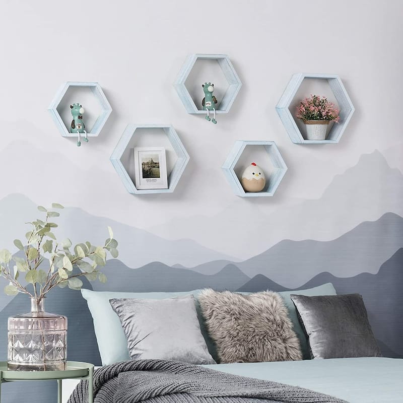 Set of 6 Wooden Hexagon Rustic Floating Shelves in Deep Natural Wood