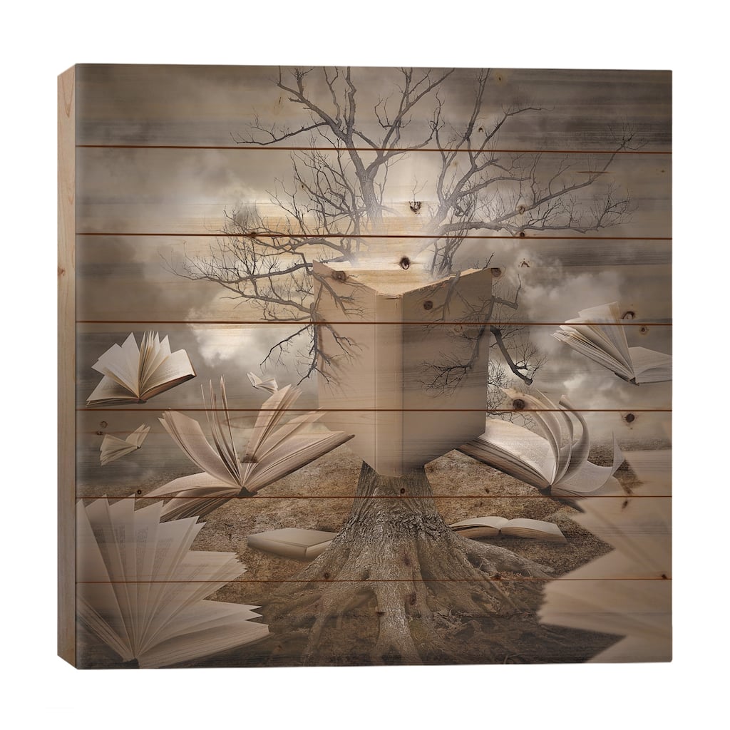 Old Tree Reading A Story Book Print On Wood by Angela Waye - Multi-Color