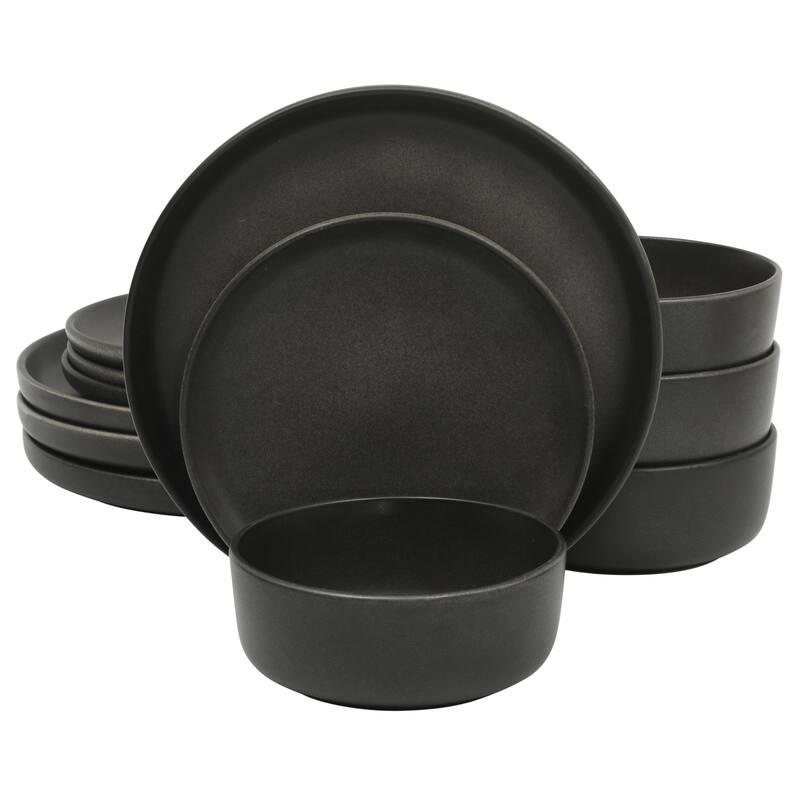 Gibson Elite Pasco (Service for 4) Plates and Double Bowl Reactive Glaze Stoneware Ceramic Dinnerware Set - Matte Black