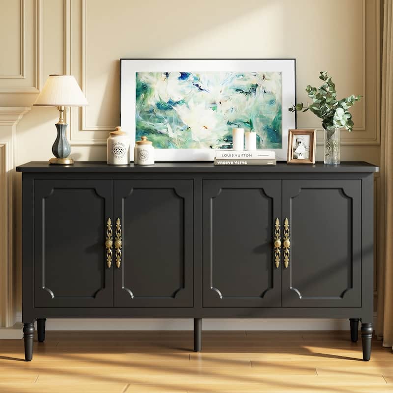 59" Accent Cabinet with 4 Doors – MDF Storage Cabinet, Adjustable Shelves, 200 lbs Top Capacity - Black