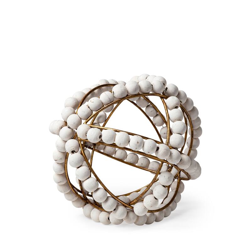 Espanlade I Small 9L x 9W White Wooden Beaded Orb - 8.7L x 8.7W x 8.9H - White