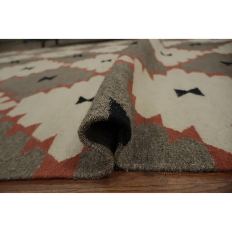 Hand Woven Oriental 100% Wool Carpet Southwestern Modern Greys & Charcoal Kilim Area Rug - 14' 1'' X 8' 4''