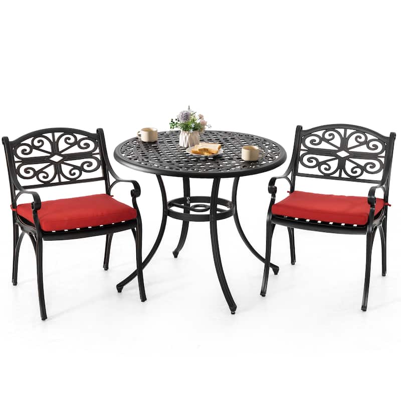Nuu Garden Outdoor 3-Piece Cast Aluminum Bistro Set with Umbrella Hole and Cushions