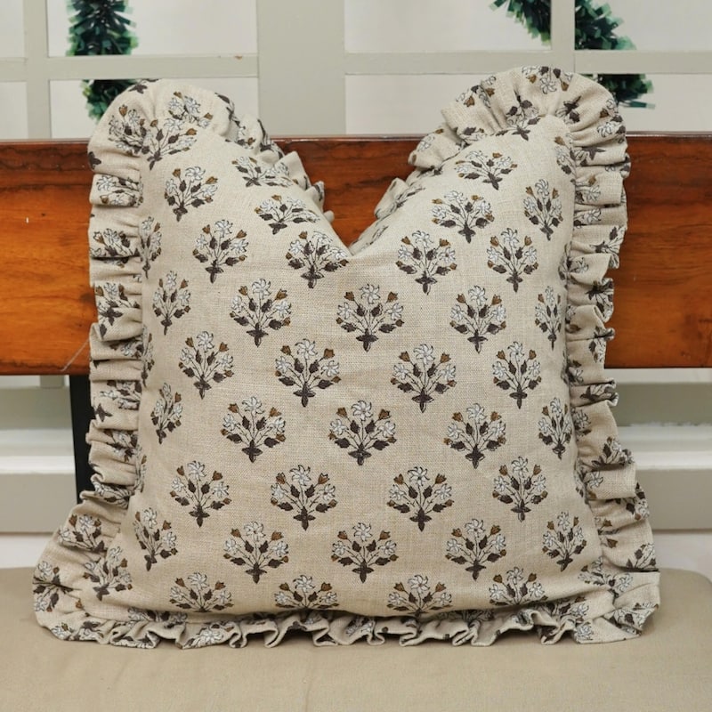 Fabdivine Heavy Linen Floral Ruffled Both Side Cushion Cover Home Décor Accent