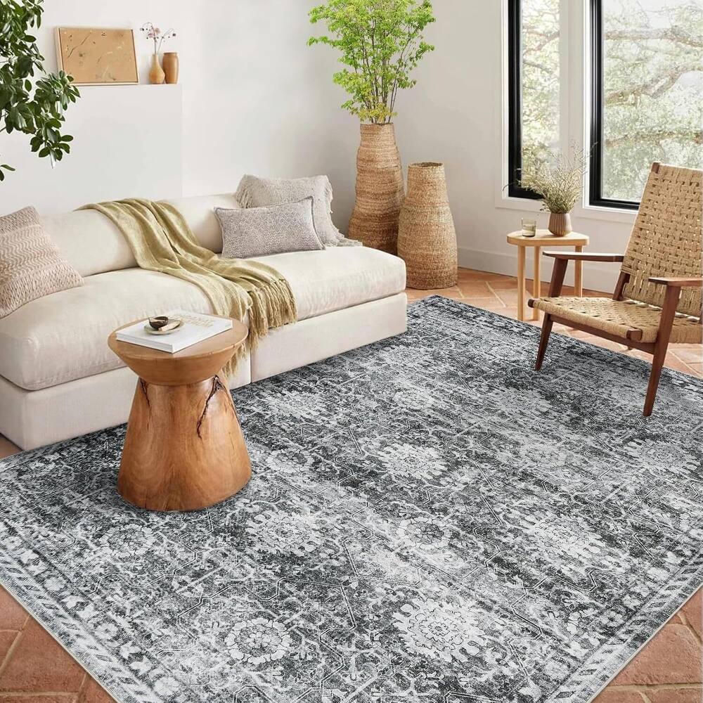 Vintage Boho Washbale Floor Cover Area Rug for Bedroom, Living Room, Black + Grey - 1'6" x 2'6"