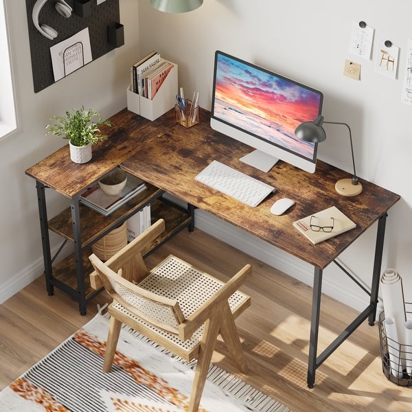 slide 2 of 115, Small L Shaped Desk with Storage Shelves Corner Computer Desk 55 Inch - Rustic Brown