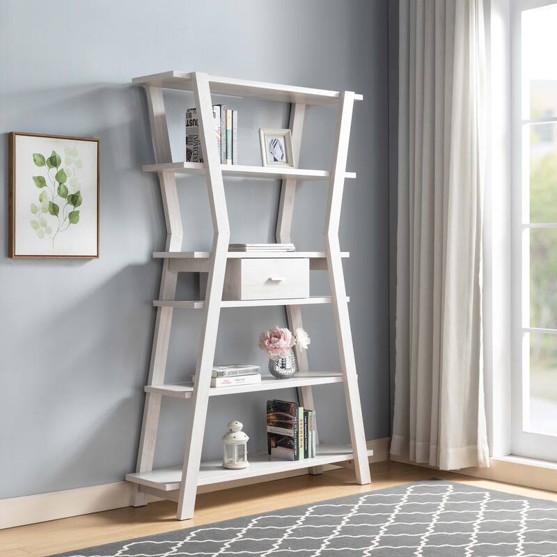 Modern Home Display Cabinet 4- Tier Open Shelving with Center Drawer for Living Room, Entryway, Bedroom - White