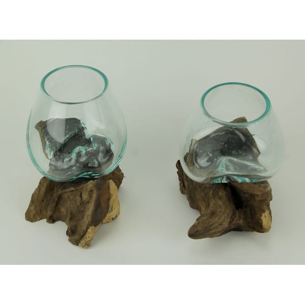 Molten Glass On Teak Driftwood Decorative Bowl Vase Terrarium Planter Set Of 2 On Sale Overstock 21134146