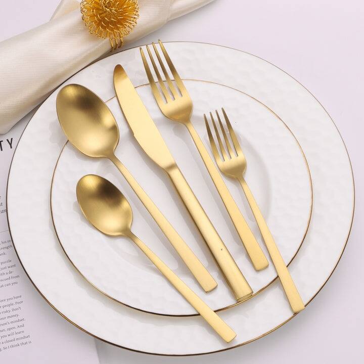 20 Pc Matte Flatware Set with Square Handles - Matte Gold