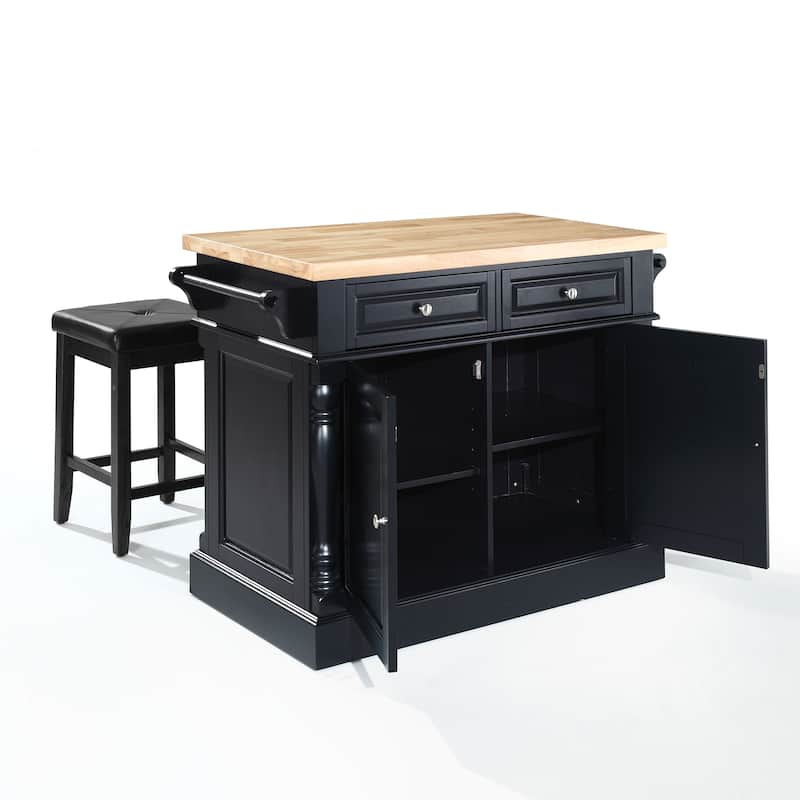 Crosley Oxford Butcher Block Top Kitchen Island in Black Finish with Stools - 47.75 "W x 23 "D x 35.75 "H